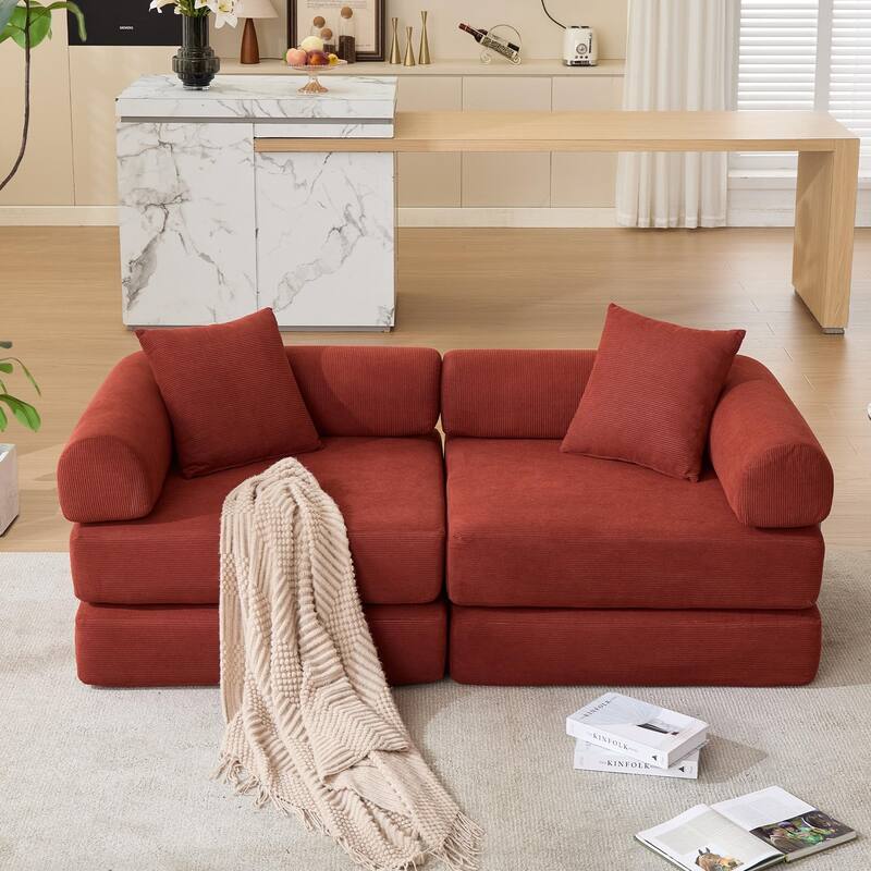 Modular Couch Sofa Bed, Convertible Design with Removable Armrests,Folding Mattress Couch for Small Spaces ,No Assembly - Red