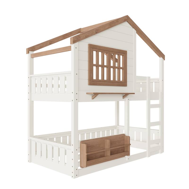 Full/Twin Bunk Bed with Bookshelf, House Design Loft Bed with Safety Fencing, High-Quality Kids Bed Frame