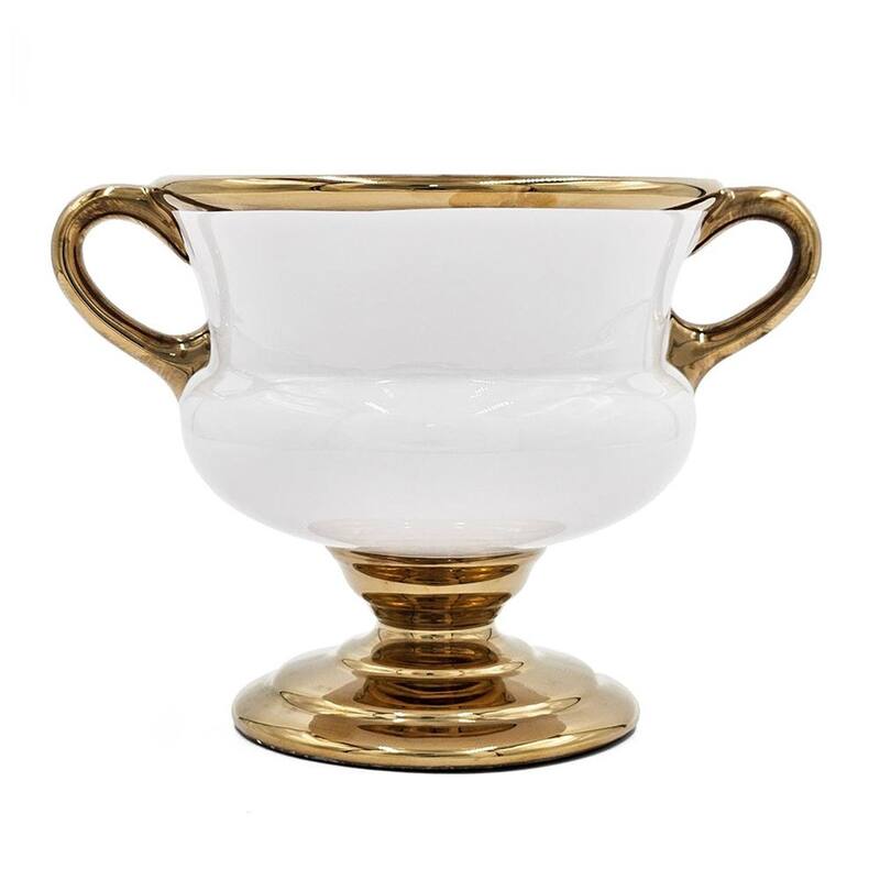 7" White And Gold Ceramic Amphora Urn - 9.80