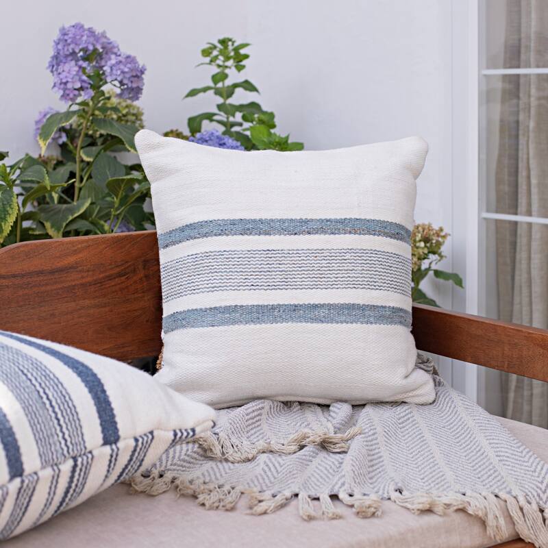 Handwoven Reversible Striped Outdoor Throw Pillow Cover - 20" - Cream and Light Blue