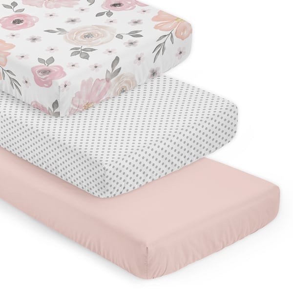 slide 2 of 6, Sweet Jojo Designs Pink Boho Floral Girl 3 Pack Fitted Crib Sheets - Solid Blush, White/Grey Polka Dots & Bohemian Shabby Chic