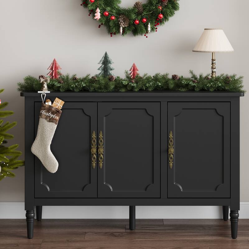 Black 3-Door Storage Cabinet with Adjustable Shelves and Turned Legs