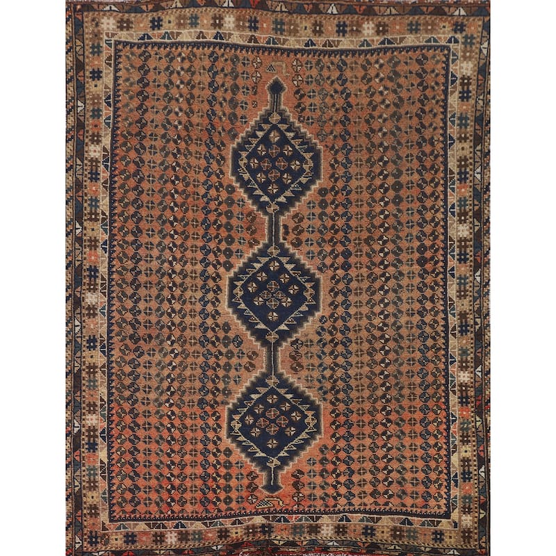 Geometric Shiraz Persian Vintage Area Rug Hand-Knotted Wool Carpet - 4'9"x 6'0"