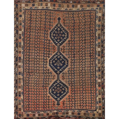 Geometric Shiraz Persian Vintage Area Rug Hand-Knotted Wool Carpet - 4'9"x 6'0"