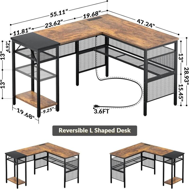 L Shaped Desk with USB Charging Port and Power Outlet