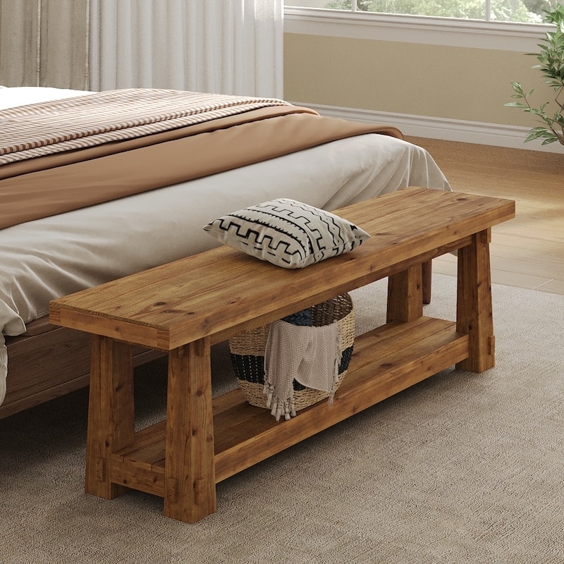 55" Solid Wood Entryway Bench with Shoe Storage, Charred Wood Grain