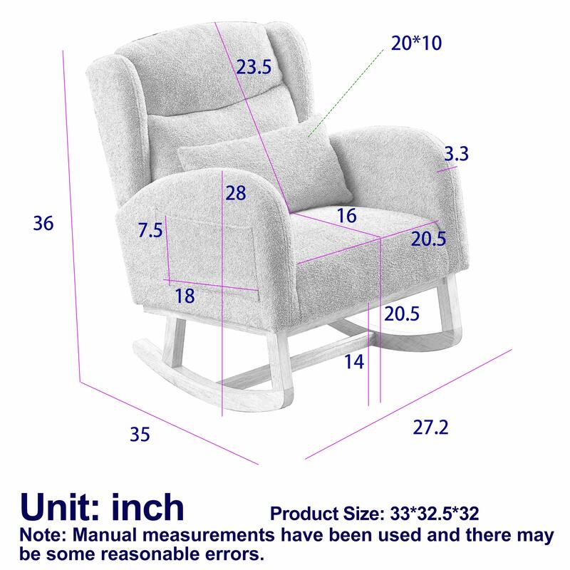 20" Seat Wide Fabric Rocking Chair with High Backrest and Two Side Pockets