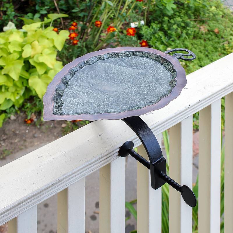 Achla Designs Aspen Leaf Birdbath w/ Over Rail Bracket, 17 Inch Tall, Antique Brass Plated