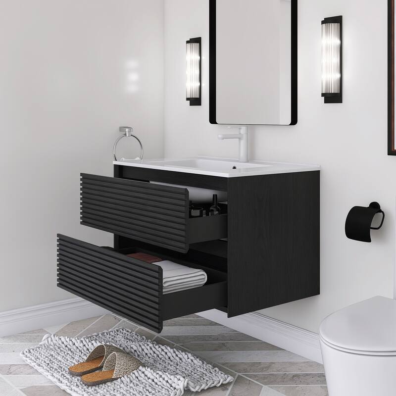 Wall-Mounted Bathroom Vanity with White Ceramic Sink