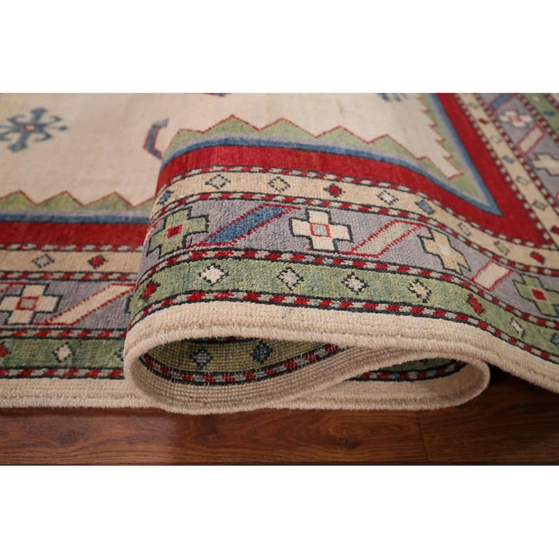 Geometric Beige Kazak Oriental Rug Hand-Knotted Bedroom Wool Carpet - 5'0" x 6'6"