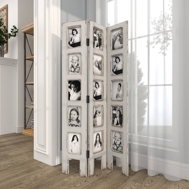 White Wooden Hinged Foldable Partition 3 Panel Partition Room Divider Screen with 15 Photo Slots