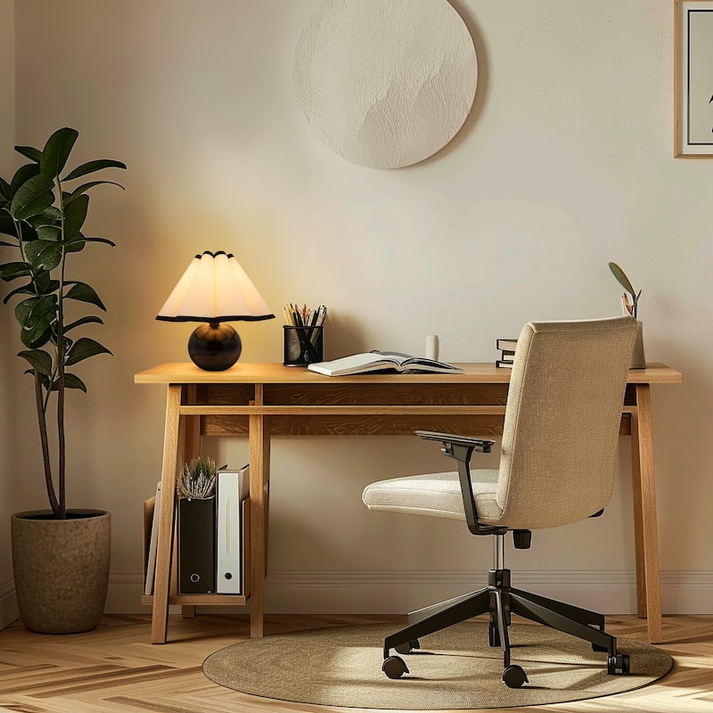 Brightech Blair 10.08 in. Polished Black Midcentury LED Globe Bedside Desk Table Lamp with White Cotton Empire Shade
