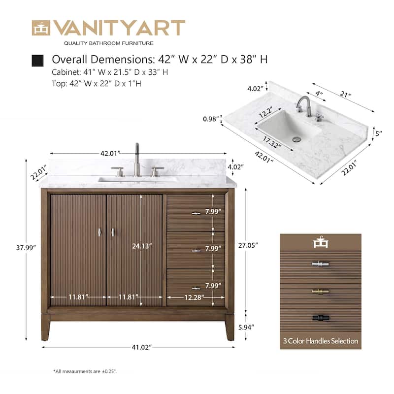 Vanity Art 42" Freestanding Bathroom Vanity with Engineered Marble Top and Sink