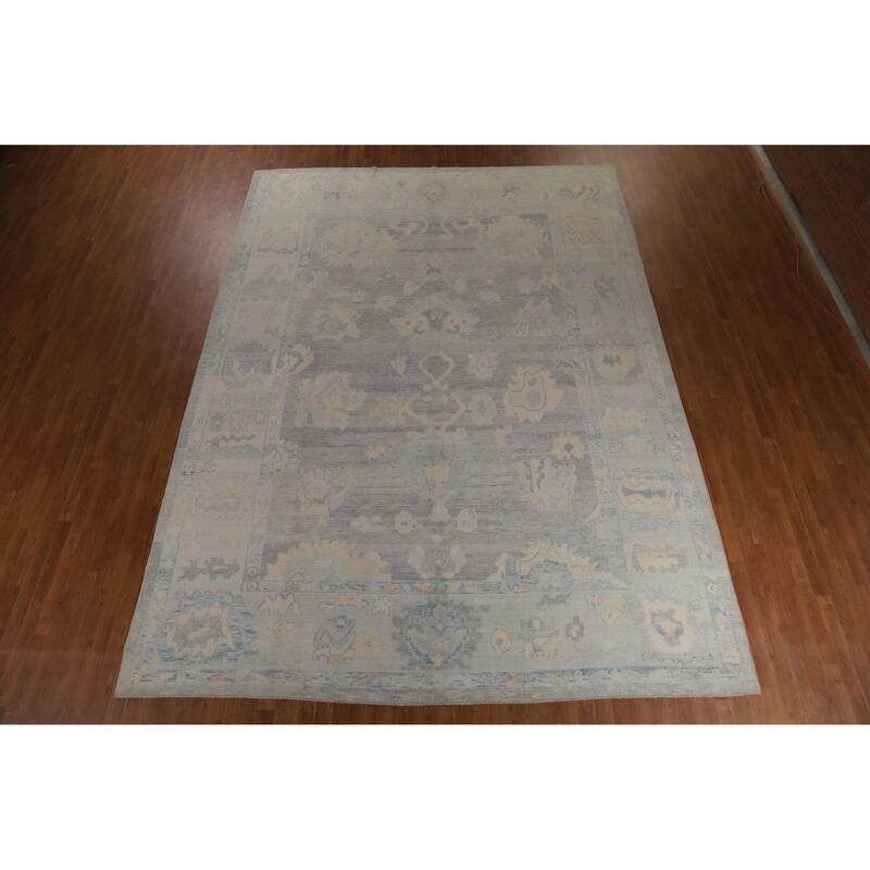 Hand Knotted Oriental 100% Wool Carpet Transitional All-Over Navy Blue & Blues Oushak Area Rug - 14' 2'' X 10' 4''