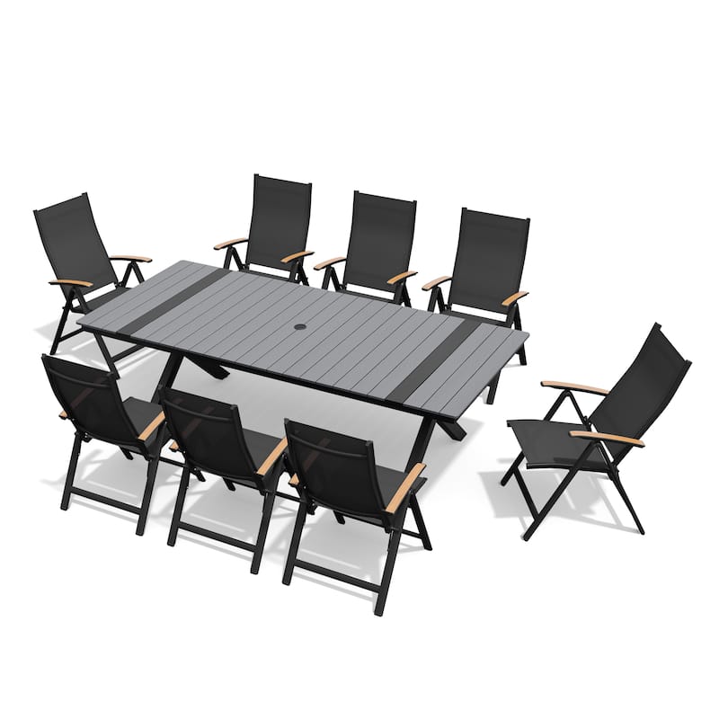 9-Piece Set Outdoor Aluminum Dining Table with Umbrella Hole and Foldable Dining Chairs - Grey