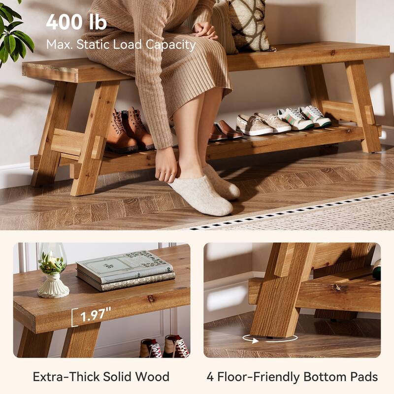 2 Tier Solid Wood Shoe Rack Bench for Entryway - 62.99" L x 13.78" W x 17.72" H