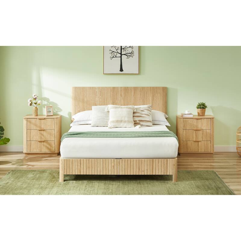 Wooden Corrugated Bed Frame Contemporary Rustic Platform Bed with 44.5" High Headboard/Metal Tubes Support/No Box Spring Needed
