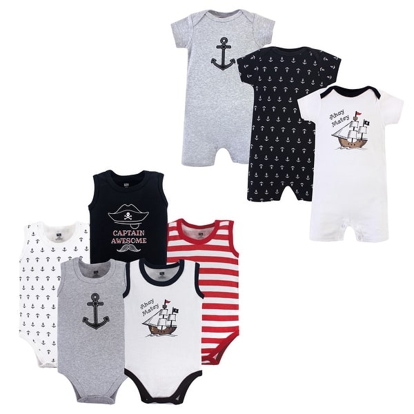 slide 1 of 1, Hudson Baby Infant Boy Cotton Bodysuits and Rompers, 8-Piece, Pirate Ship 0 - 3 Months - Blue/Grey/Red