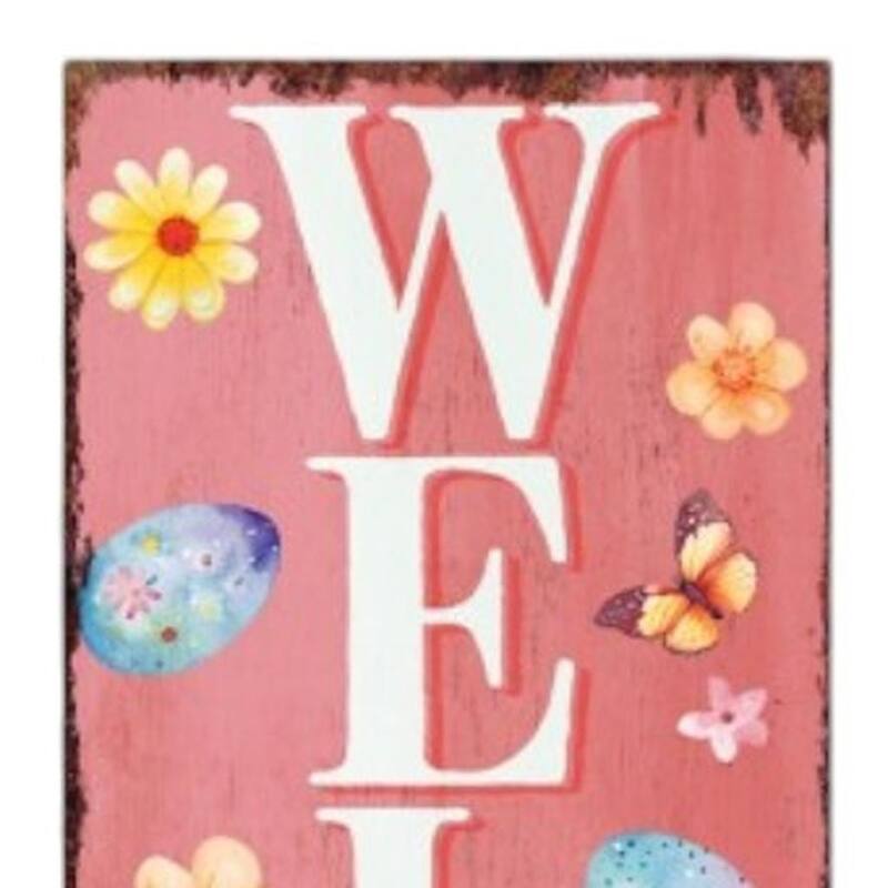 HomeRoots 36" Pink White And Yellow Solid Wood Welcome Easter Easter Egg Porch Sign
