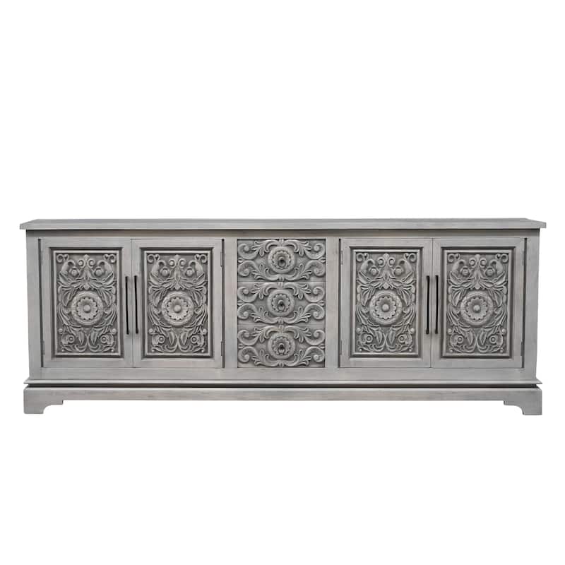 HomeRoots 106" Gray Distressed Solid Wood Carved Floral Three Drawer Sideboard with Four Doors