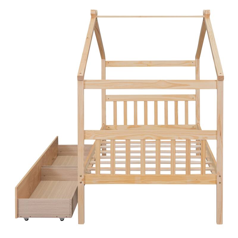 Twin Size Wooden House Bed with Storage Drawers, Fun Kids Bed with Roof Design