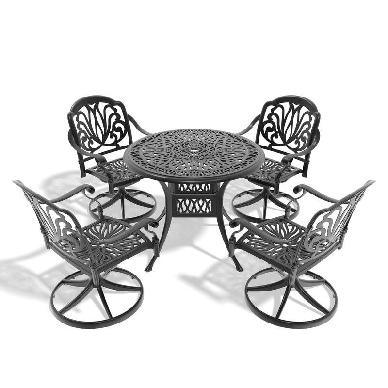 5-Piece Aluminum Round Outdoor Patio Dining Set, 4 Cushioned Swivel Chairs, Table, All-Weather Frames