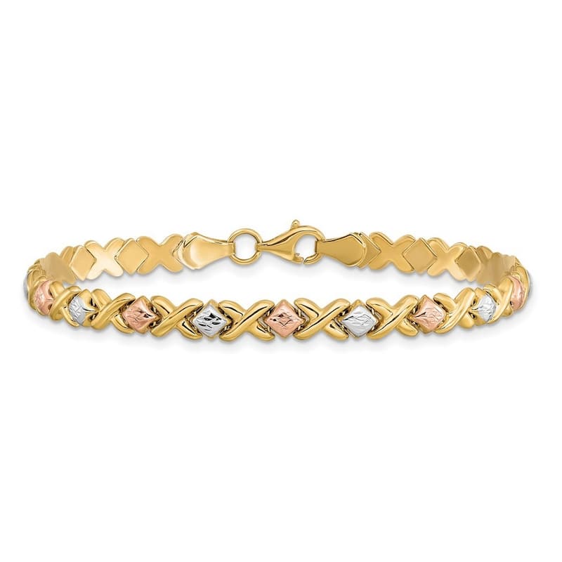 Curata 10k Tri color Gold 7" Diamond Cut XO Stampato Bracelet