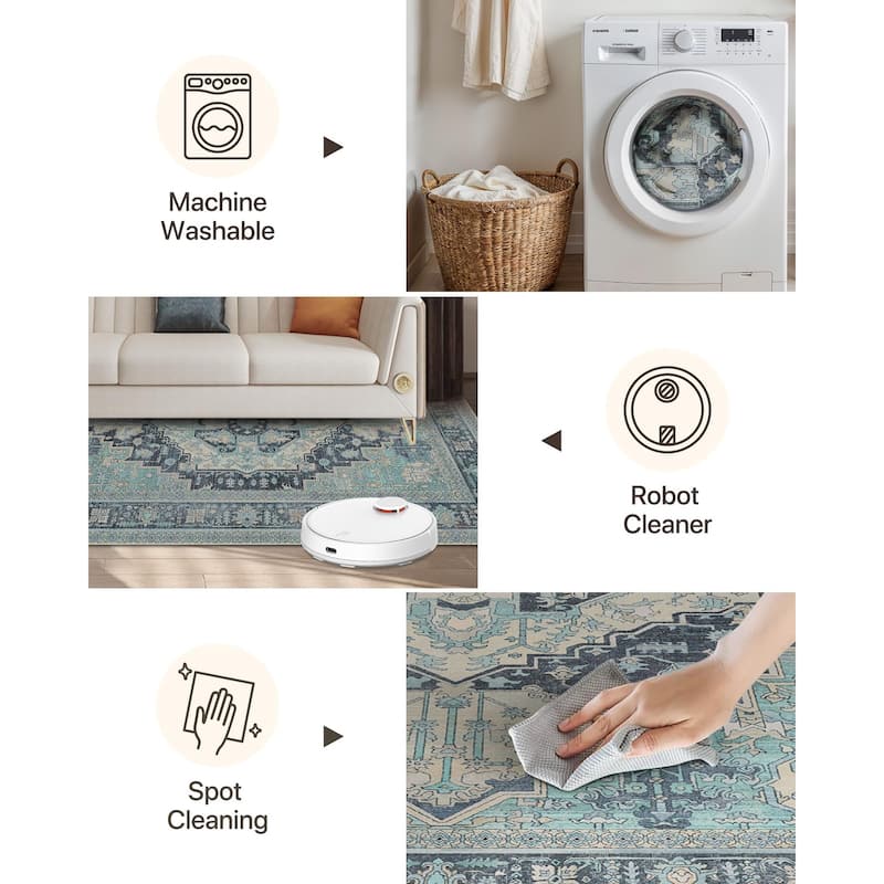 Mcow Vintage Medallion Low-Pile Machine-Washable Area Rug