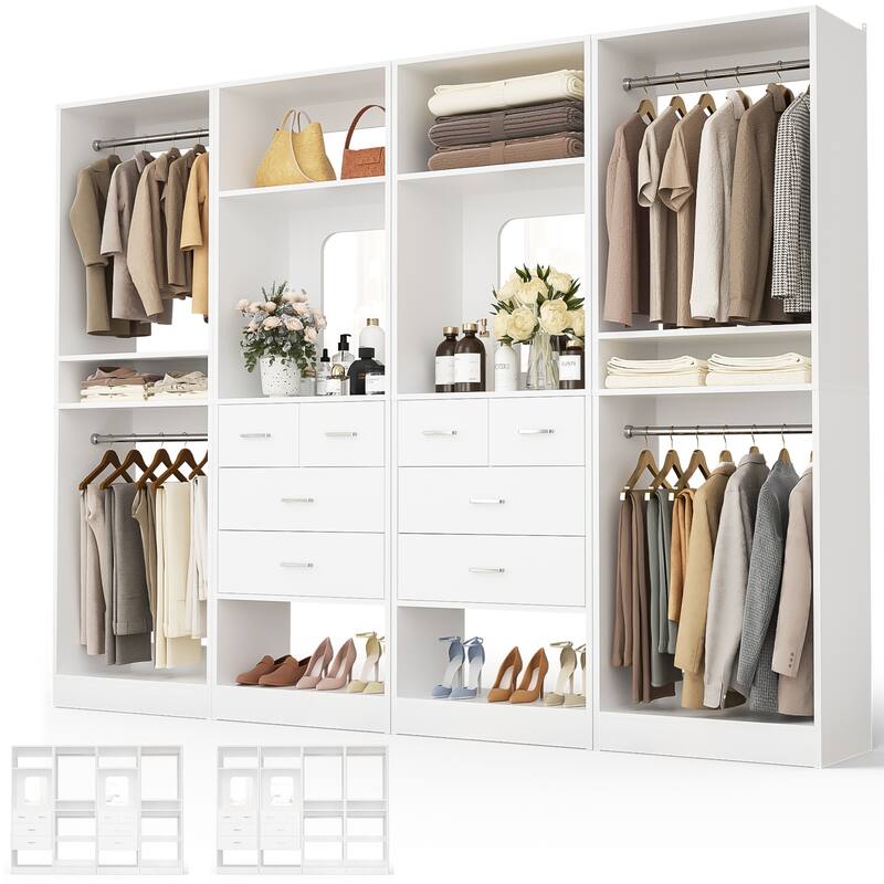 Set of 4 Closet System with 4 Drawer and Hanging Rods, Freestanding Closet Organizer with Storage Shelves