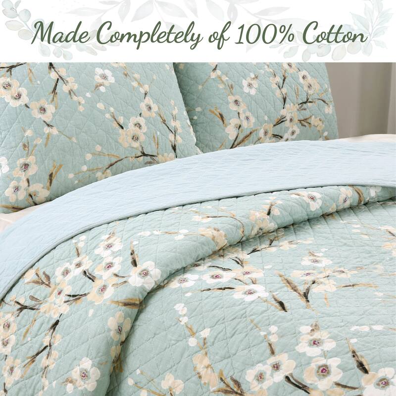 Cozy Line Cream Cherry Blossom Floral Cyan Blue Green Quilt Bedding Set