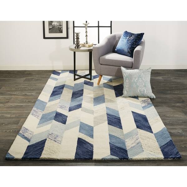 4' X 6' Blue Ivory And Gray Wool Geometric Tufted Handmade Area Rug - 3 ...