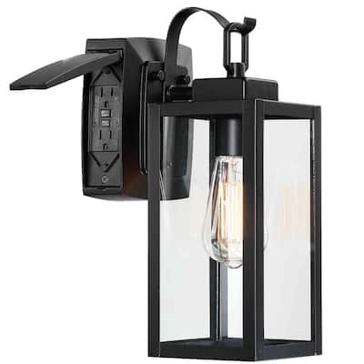 1-Light Outdoor Wall Lantern with Built-In GFCI Outlets - Matte Black