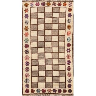 Checkered Gabbeh Persian Kitchen Size Area Rug Wool Handmade - 3'2