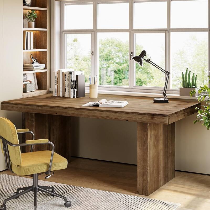 63" Solid Wood Executive Desk with Sturdy Wooden Legs, Rustic Dark Brown