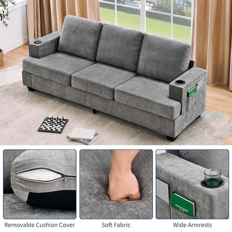 89" 3-Seater Sofa, Deep Seat Sofa, Modern Comfy Couches for Living Room with Cup Holders and Side Storage Pockets