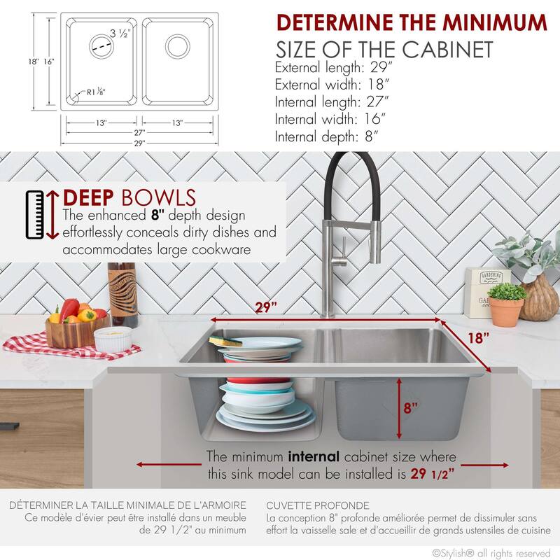 STYLISH 29 inch L x 18 inches W Double Bowl Undermount and Drop-in Stainless Steel Kitchen Sink - 29" x 18" x 8"