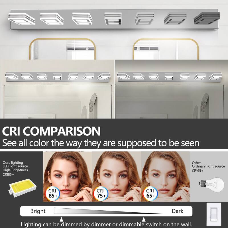 45" Modern 7-Light LED Vanity Light, Square Acrylic Lampshades Wall Mount Fixture for Bathroom, Mirror Lighting