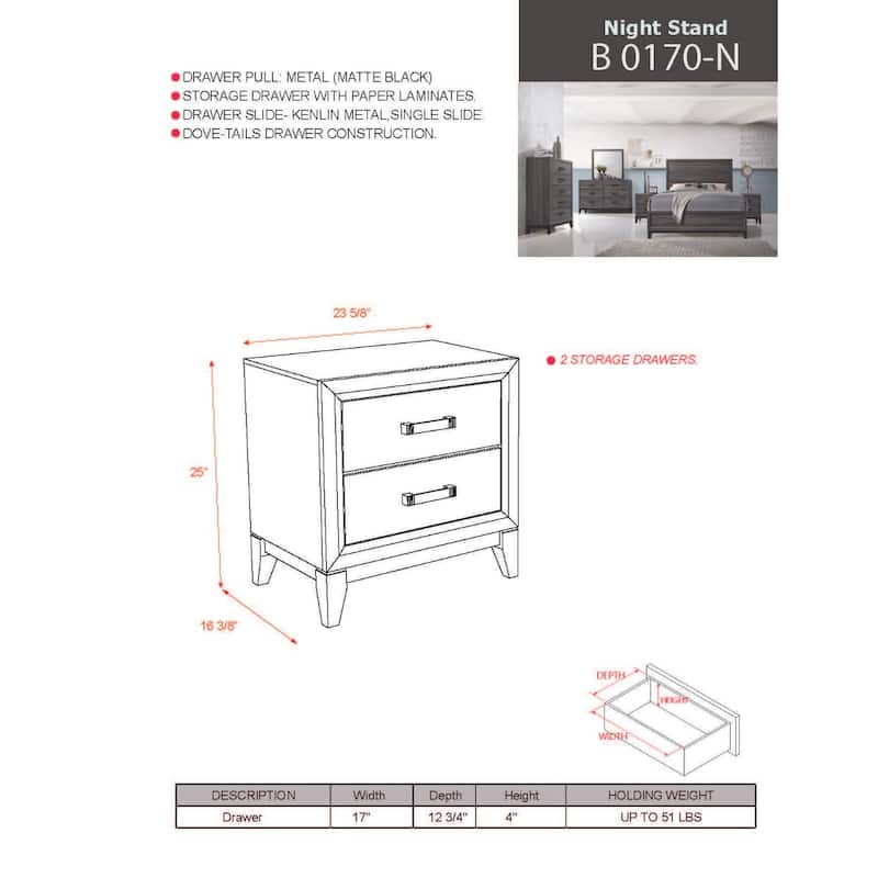 Modern and Stylish Driftwood Grey Nightstand with Two Spacious Drawers