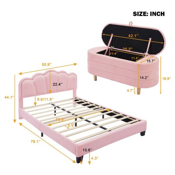 Full Size Flower-Shape Platform Bed w/LED Light Strip & Ottoman, Pink