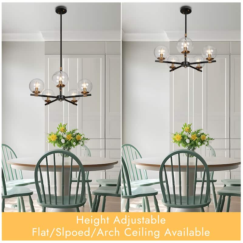 Modern 5-Light Black Gold Wheel Chandelier Globe Glass Pendant Lights for Dining Room - 22" D x 14" H