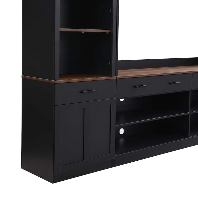 Roomfitters Mid-Century 4-Piece Entertainment Wall Unit with Bookshelves, TV Stand for TVs up to 70" withShelves and Wine Rack