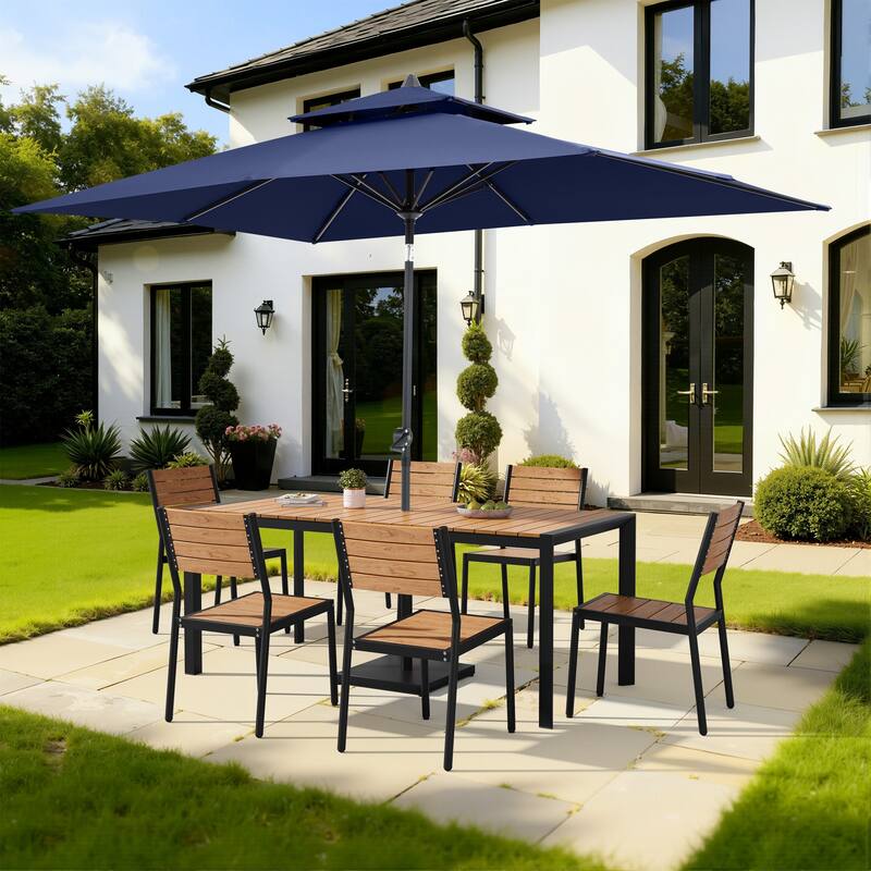 9/11-Piece Outdoor Dining Set w/10 ft Umbrella and Base Aluminum Dining Table and Stackable Chairs - Set of 9 - Brown Table with Navy Blue Umbrella
