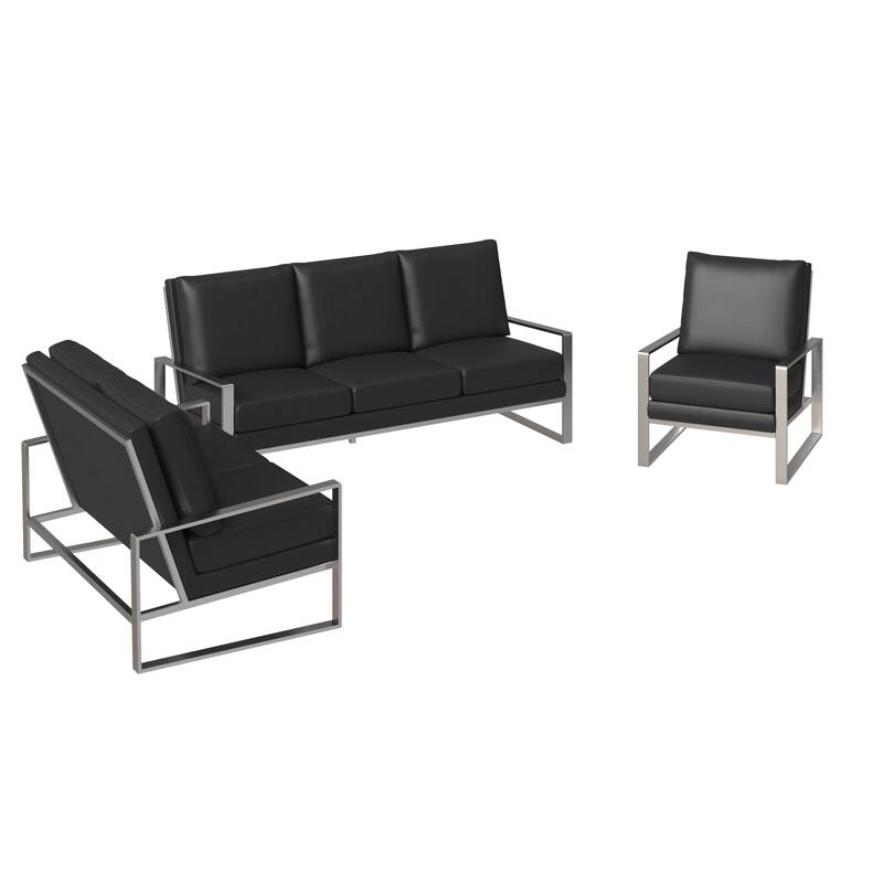 3-Piece Leather Sofa Set Brushed Stainless Steel Base and Removable Cushions - Black