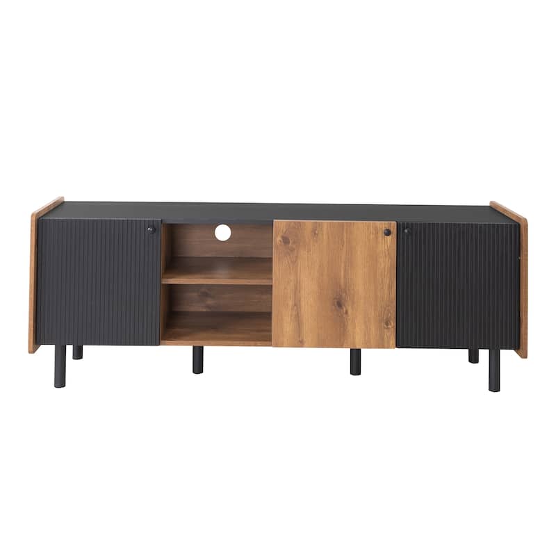 TV Stand with 3 Cabinets, Media Console Table with Open Storage Compartments, Entertainment Center with Metal Legs