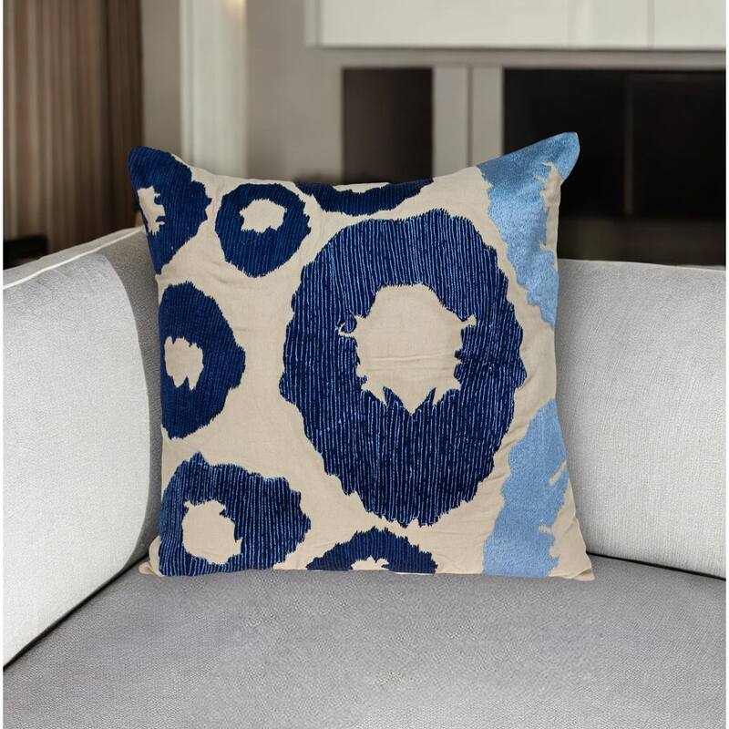 HomeRoots 22" Blue and Beige Abstract Cotton Throw Pillow With Embroidery - Accent - Polyester