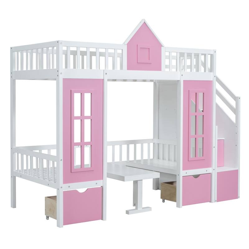 Convertible Twin-Over-Twin Bunk Bed with Desk, Pink