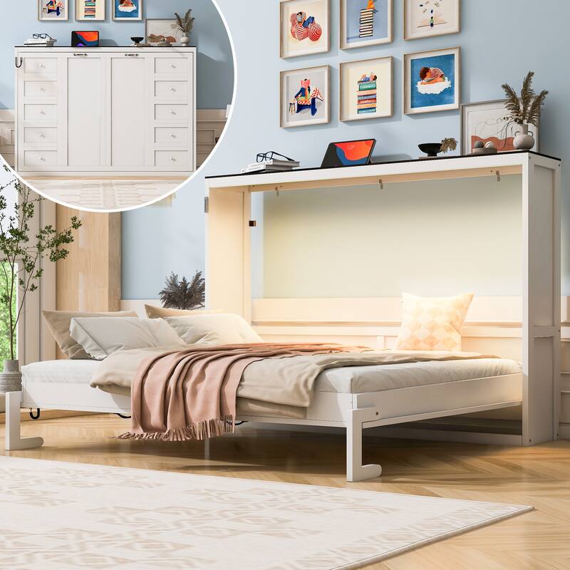 Wooden Murphy Bed with Desk and LED Light/Foldable Wall Bed Cabinet/Hydraulic Lift System/Wood Slats Support/Space-Saving Design