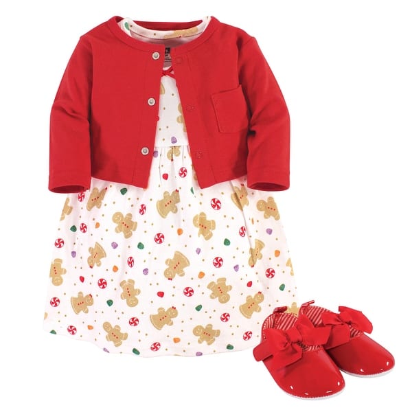 slide 1 of 1, Hudson Baby Baby Girl Cotton Dress, Cardigan and Shoe 3pc Set, Sugar Spice 0-3 Months - Sugar Spice