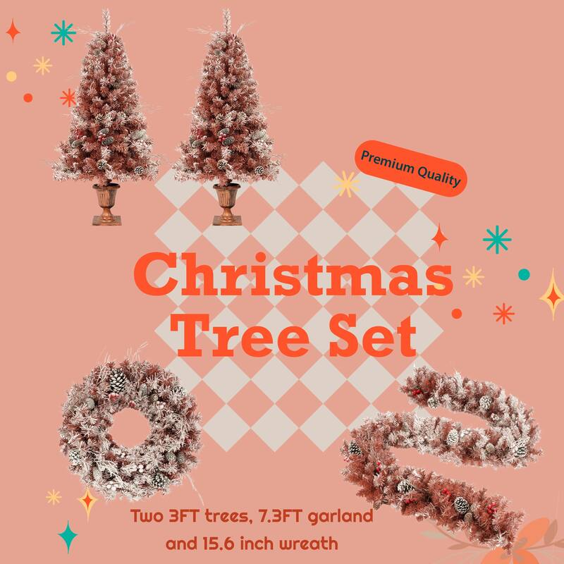 4PCS Set Artificial Brown Needles Christmas Tree with Flocking, Warm Lights, Pine Cones & Berries