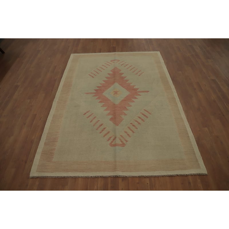 Hand Woven Oriental 100% Wool Carpet Southwestern Tribal Green Kilim Area Rug - 6' 9'' X 4' 10''